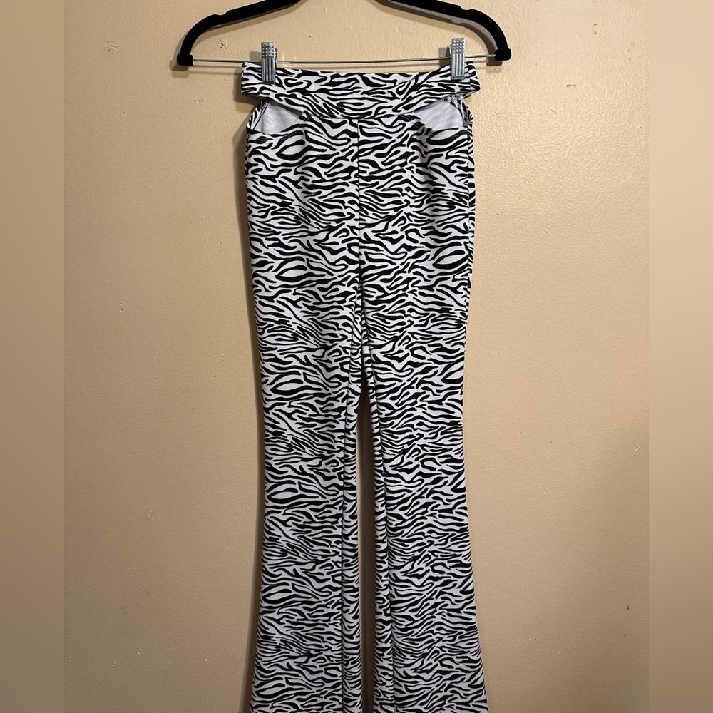 Y2K Zebra Print Flare Pants, Black & White Stretch Knit, High Rise, XXS